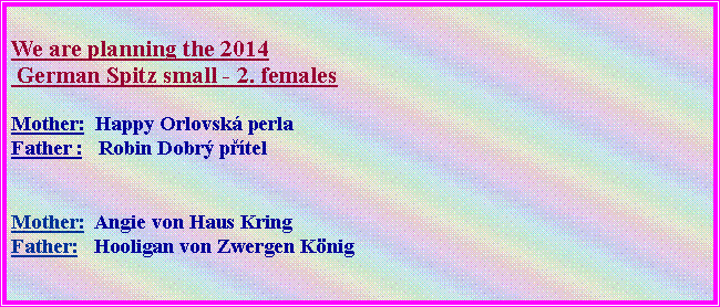 Textov� pole:  We are planning the 2014 
&nbsp;German Spitz small - 2. femalesMother:  Happy Orlovsk� perla 
Father :   Robin Dobr� p��tel
Mother:  Angie von Haus Kring Father:   Hooligan von Zwergen K�nig