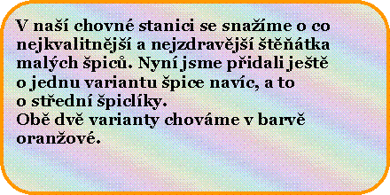 Zaoblen� obd�ln�k: V na�� chovn� stanici se sna��me o conejkvalitn�j�� a nejzdrav�j�� �t���tkamal�ch �pic�. Nyn� jsme p�idali je�t�o jednu variantu �pice nav�c, a to o st�edn� �picl�ky. Ob� dv� varianty chov�me v barv�oran�ov�. 